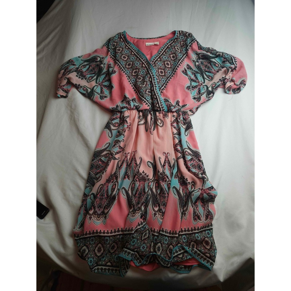 Cato Pink Teal Paisley Faux Wrap Elastic Waist Dress Small Boho Medallion Print